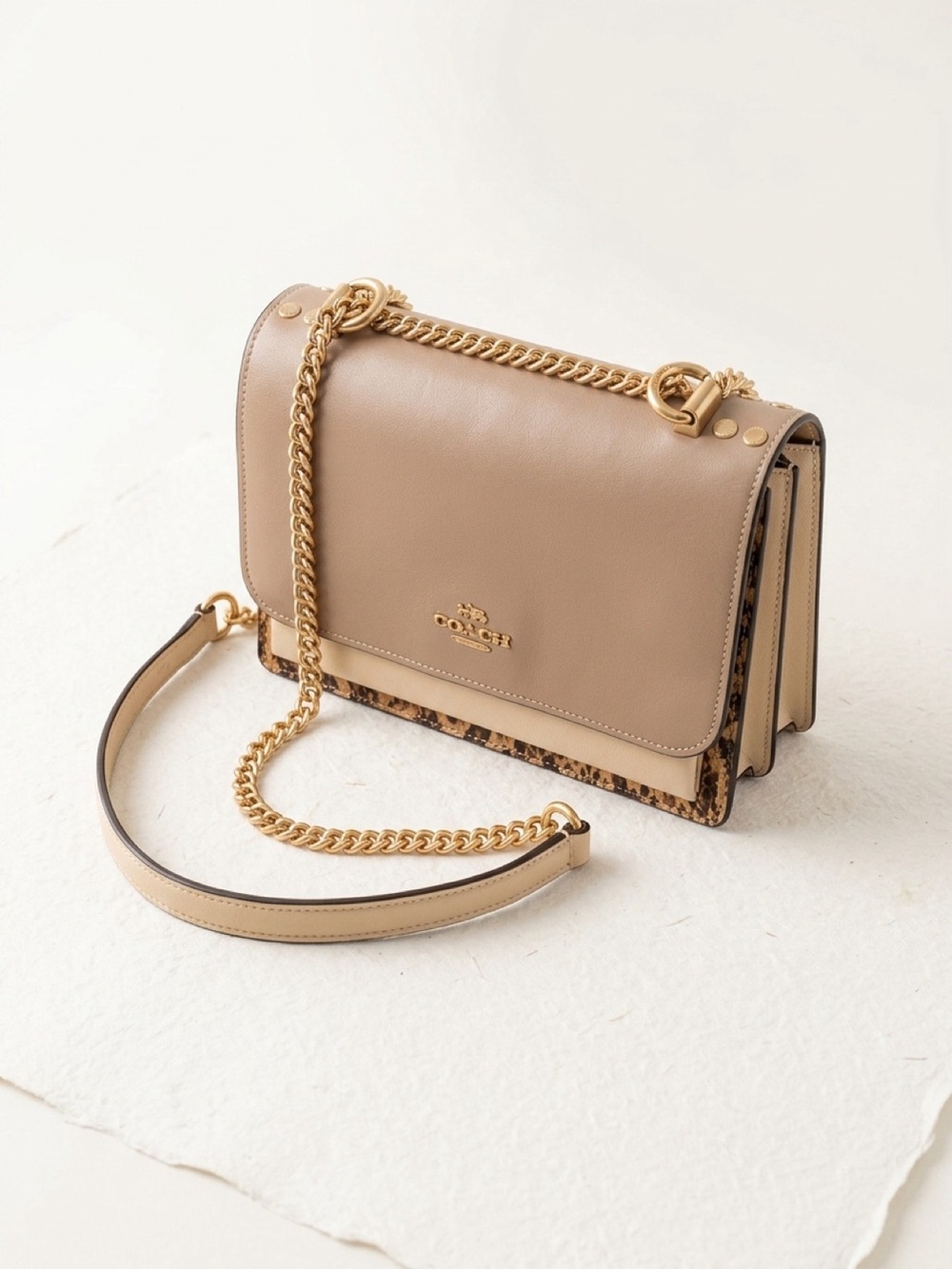 Coach Klare Taupe Leather Crossbody with Gold Chain and Leopard Trim